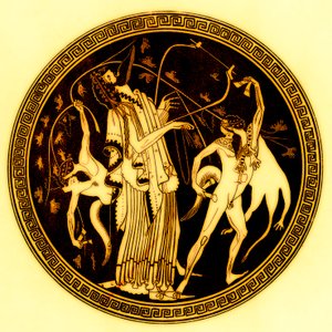 Dionysos et satyres, illustration de Peintures de vases grecs par J. E. Harrison et D. S. MacColl, publié en 1894