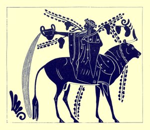 Dionysos chevauchant un taureau, illustration des Peintures de vases grecs par J. E. Harrison et D. S. MacColl, publié en 1894