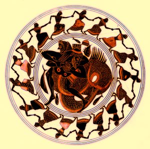 Héraclès luttant avec Triton, illustration des Peintures de vases grecs par J. E. Harrison et D. S. MacColl, publié en 1894