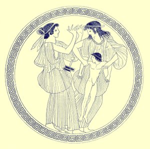 Prokné, Philomèle et Itys, illustration des Peintures de vases grecs par J. E. Harrison et D. S. MacColl, publié en 1894