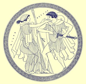 Thésée et Aethra, illustration des Peintures de vases grecs par J. E. Harrison et D. S. MacColl, publié en 1894