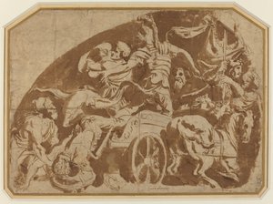 Fuite de Mérionès, avec Coéranos mort traîné hors du char - after Giulio Romano