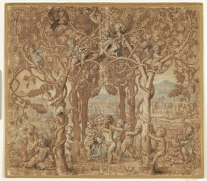 Putti récoltant du vin et jouant avec un bouc - after Giulio Romano