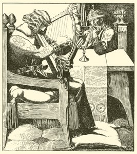 Sir Tristram joue de la harpe devant le roi Mark - after Howard Pyle