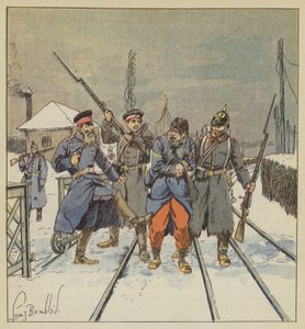 Le fourrier Papot, blessé et fait prisonnier, est frappé honteusement par un officier prussien - after Louis Charles Bombled