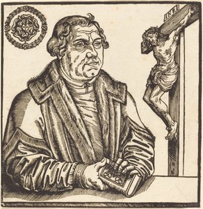 Martin Luther, mi-longueur à gauche avec un livre dans ses mains - after Lucas Cranach the Younger