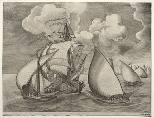 Navires à voile : Une flotte de galères escortée par une caravelle - after Pieter Bruegel