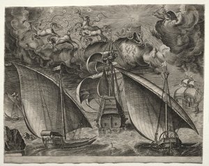 Navires à voile : Deux galères naviguant derrière un trois-mâts armé avec Phaéton et Jupiter dans le ciel - after Pieter Bruegel