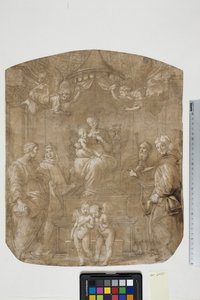 Madone et enfant avec Sts Pierre, Bernard (ou Bruno), Jacques, Augustin et quatre anges, Madonna del Baldacchino