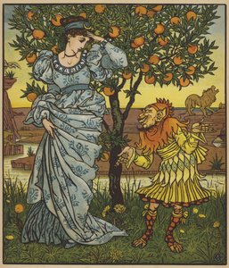 Le nain jaune sauve la princesse des lions - after Walter Crane