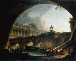 French: Caprice architectural : un palais inspiré du Louvre et le Pont-Neuf s
