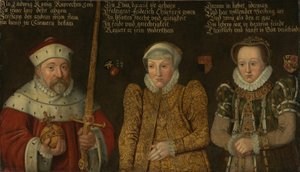 German : Portrait du prince électeur Frédéric III du Palatinat (1515-1576) avec ses épouses Marie de Brandebourg-Kulmbach et Amalia de Neuenar - anonymous 