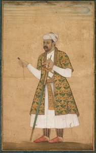 Un courtisan, possiblement Khan Alam, tenant un spinelle et une épée du Deccan