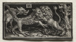 Lion combattant deux bêtes - attributed to Tobias Stimmer