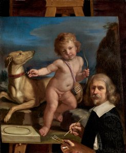 Autoportrait devant une peinture de "Amor Fedele"