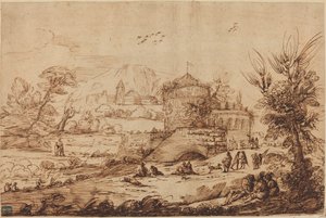 Paysage avec forteresse et rivière - called Guercino after Giovanni Francesco Barbieri