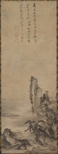 Temple solitaire et falaise imposante - circle of Kenkō Shōkei