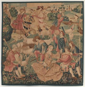 Scènes de Chasse et Pastorales, avec un héros couronné entre des dames - design probably French 16th Century, Paris; woven in southern Netherlands or Paris in an undetermine workshop