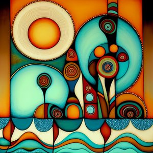 Plage abstraite, mer agitée et vent, inspiré par Hundertwasser