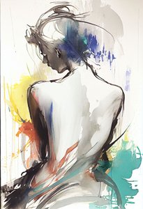 Dessin aquarelle représentant une femme assise de dos - F. Abderrahim