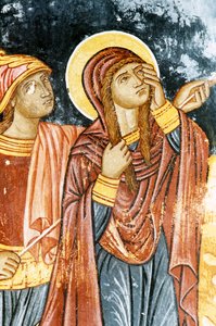 Saint Longin et Marie, scène de crucifixion, fresque dans le monastère de Mikro Sotiris, île de Symi, Grèce (photo)