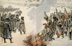 Campagne de Russie (1812) : Lors de la retraite de Russie, Napoléon Ier Bonaparte (1769-1821) ordonne de brûler les drapeaux et les aigles pour empêcher l