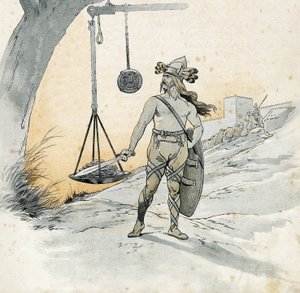Capture de Rome (Rancon de Rome en 390 av. J.-C.). Histoire de Brennus (Brennos), chef de guerre gaulois qui prononça le terrible mot Vae Victis (malheur aux vaincus). Dans "La France, son histoire racontée par G. Montorgueil, illustrée par Job" 1896. Coll - pseudonym for Onfray de Breville Jacques Job