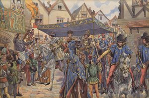 Foules dans les rues de Paris accueillant Louis XI à son arrivée de Bourgogne pour réclamer son royaume après la mort de son père, Charles VII - pseudonym for Onfray de Breville Jacques Job