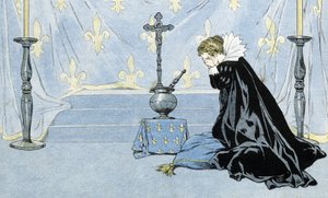 La France, représentée par une femme portant une cape noire, pleure la mort du roi Henri IV (1553-1610). Dans "La France, son histoire racontée par G. Montorgueil, illustrée par Job" 1896. Collection privée.