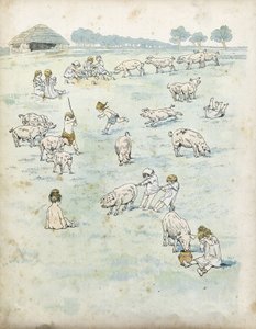Enfants gaulois jouant avec des cochons dans un champ. Dans « La France, son histoire racontée par G. Montorgueil, illustrée par Job » 1896. Collection privée.
