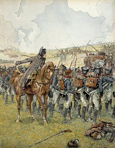 Campagne allemande en 1813 : Napoléon Ier Bonaparte (1769-1821) à la bataille de Lützen le 2 mai 1813 commandant son armée avant de remporter la victoire. Dans "Napoléon" par Georges Montorgueil. Illustration de Jacques Marie Gaston Onfray de Bréville dit 