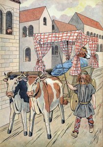 Histoire de France. Scène représentant des rois fainéants en jouets : le roi de France Thierry III (673-691) transporté dans un char avec un lit tiré par des bœufs. Dans "Joujoux à l