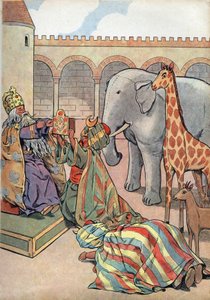 Histoire de France. Scène de la vie de Charlemagne en jouets : le calife Haroun al-Rachid offre au roi de France Charlemagne (742-814) une girafe, un éléphant et une horloge. Dans « Joujoux à l