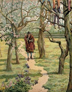 Histoire de France au Moyen Âge : Le roi Louis XI dit le Prudent (1423-1483) dans les jardins du château de Plessis-les-Tours (Plessis les Tours), Indre-et-Loire. On voyait des gens pendus aux arbres
