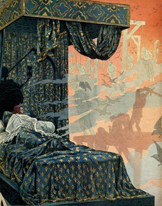 Histoire de France au Moyen Âge : le roi de France Louis XI dit le Prudent (1423-1483) avait des cauchemars anxieux avant de mourir. Illustration de Jacques Marie Gaston Onfray de Breville dit JOB (1858-1931)