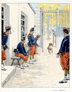 Illustration extraite du livre « A la gloire des bêtes » texte de A Fabre, dessins de Jacques Marie Gaston Onfray de Breville dit JOB (1858-1931), éditeur Maison Alfred Mame et fils : Le Barbet Dagobert (dans une caserne à Paris), Collection Partielle - pseudonym for Onfray de Breville Jacques Job