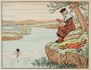 Illustration du livre « Le bon roy Henri », illustrée par Jacques Marie Gaston Onfray de Breville dit JOB (1858-1931) : Éducation au 16ème siècle : natation - Collection privée