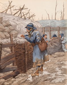 La lettre du pépère (poilu dans une tranchée écrivant à sa famille pendant la Première Guerre mondiale)