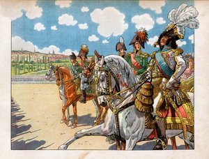 Joachim Murat accompagnant Napoléon Ier et Alexandre Ier lors de la revue des troupes pendant le traité de Tilsit