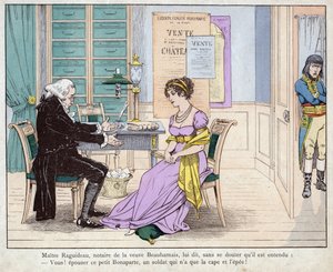 Joséphine et le notaire - Maître Raguideau, notaire de la veuve Beauharnais, lui dit : "Vous ! Épousez ce petit Bonaparte" - Maître Raguideau et Joséphine - lithographie de Job (Jacques Onfroy de Bréville) de "Le Grand Napoléon des Petites Enfants"