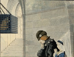 Le roi Louis XI (1423-1483) visite le prisonnier Jean Balue (1421-1491), enfermé en 1469 dans une cage de fer pour complot contre le roi. Dans « La France, son histoire racontée par G. Montorgueil, illustrée par Job » 1896. Collection privée.