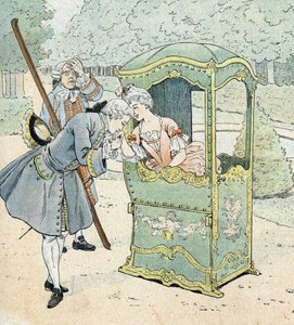 Dame de la noblesse au 18e siècle, dans une chaise à porteurs recevant le baisemain