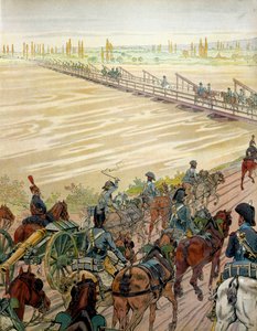 Napoléon Ier Bonaparte (1769-1821) et son armée passent le Rhin le 1er octobre 1805. Dans « Napoléon » de Georges Montorgueil. Illustration de Jacques Marie Gaston Onfray de Breville dit JOB (1858-1931) - pseudonym for Onfray de Breville Jacques Job