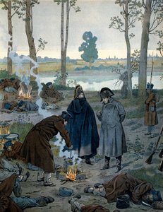 Napoléon Ier Bonaparte (1769-1821) dans les bivouacs à la veille de la bataille de Waterloo en 1815. Dans « Napoléon » de Georges Montorgueil
