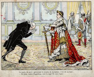 Napoléon et le notaire Raguideau, matin du couronnement 1804 - lithographie de Job (Jacques Onfroy de Bréville) de "Le Grand Napoléon des Petites Enfants" 1893