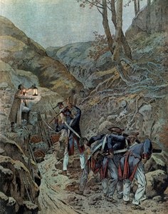 Campagne de Prusse (1806) : les troupes travaillaient à élargir un passage pour les canons au pied du mont Iéna à la veille de la bataille