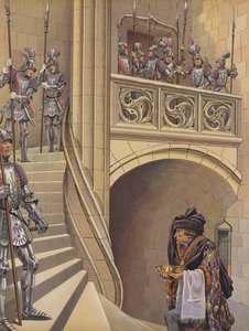 Le barbier monta les escaliers vers la chambre du roi, passant devant les nombreux gardes armés - pseudonym for Onfray de Breville Jacques Job