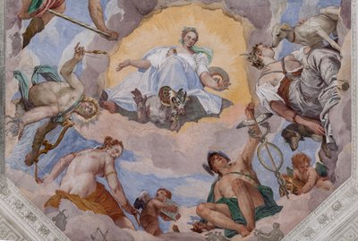 Harmonie universelle entourée de dieux : Zeus avec un aigle, Mars, Apollon avec la lyre, Vénus, Mercure avec le caducée, Diane avec des chiens, et Saturne, l
