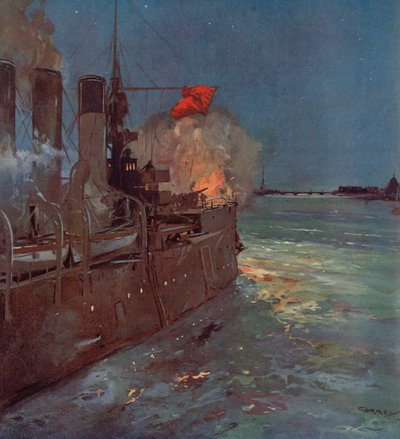 Le croiseur russe Aurora tirant le coup de feu signalant l