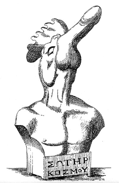 Sculpture en bronze grecque ou hellénistique représentant un torse humain avec une tête de coq et de phallus et inscription grecque 